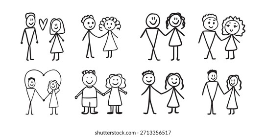 child drawing of a cute couple. simple sketch naive drawing of little people circles and lines. Love concept set. Vector illustration