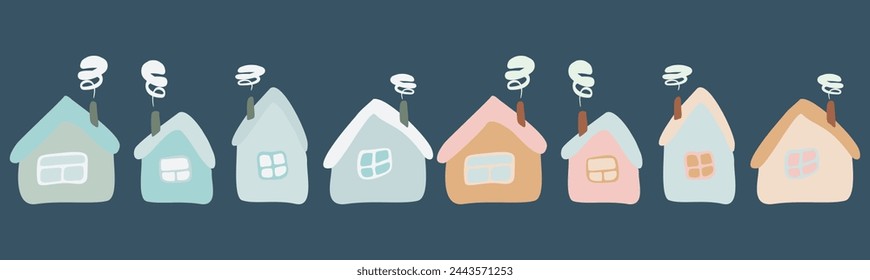 Child Drawing Doodle Set of Crooked Houses on Dark background. Hand Drawn Vector Flat or Cartoon Style Collection of Design Graphic Art Elements for Kid Book, Card, Poster, Banner, Logo.