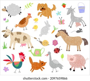 Child drawing. Farm animals on a white background - cow, pig, sheep, horse, rooster, chicken, donkey, chicken, goose, duck, goat, cat, dog