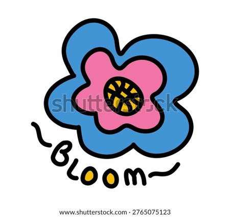 Child drawing of Flower, Blooming. Colored Doodle. Curved bud of spring wildflower. Blue and pink Petals. Summer scribble. Funny, playful. Primitive, infantile image. Isolated. Vector illustration