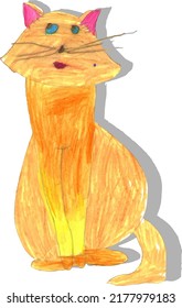 child drawing ginger cat with pencil vector hand drawn illustration