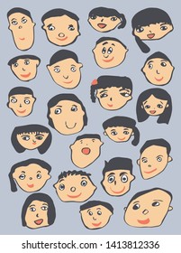 Child drawing, happy cute children portrait set vector