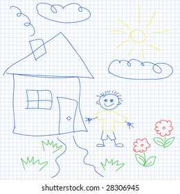 child drawing house vector seamless pattern