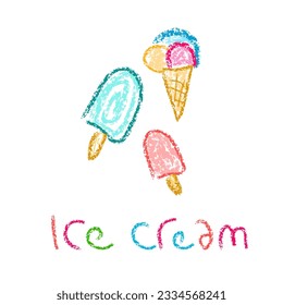 Child drawing ice cream with crayon texture, pastel color pencil doodle vector illustration