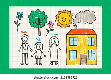 Child Drawing Mother, Father and Child Illustration Coloring