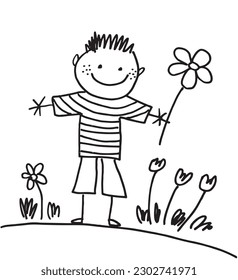 Child drawing outline illustration image. 
Hand drawn image artwork of child drawing. 
Simple cute original logo.
Hand drawn vector illustration for posters, cards, t-shirts.