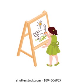 Child drawing picture on easel at art lesson 3d isometric vector illustration