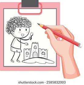 Child drawing with sandcastle on clipboard illustration