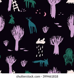 Child drawing style forest and wild animals illustration.