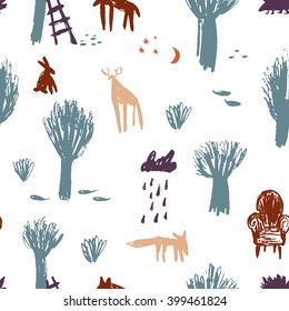 Child drawing style forest and wild animals illustration.