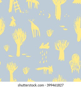 Child drawing style forest and wild animals illustration.