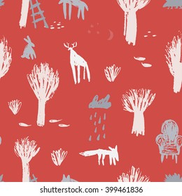 Child drawing style forest and wild animals illustration.