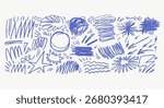 Child drawing style scribbles, arrows, textures, sketch doodles. Blackboard kid vector school graphics for notes.	