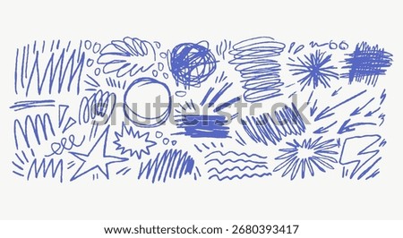 Child drawing style scribbles, arrows, textures, sketch doodles. Blackboard kid vector school graphics for notes.	