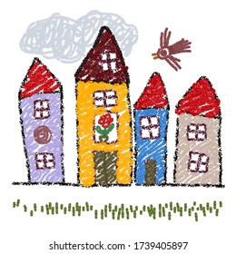 Child drawing styled cityscape. Wax crayon like vector graphic on separated white background. The elements can be rearranged independently of each other.