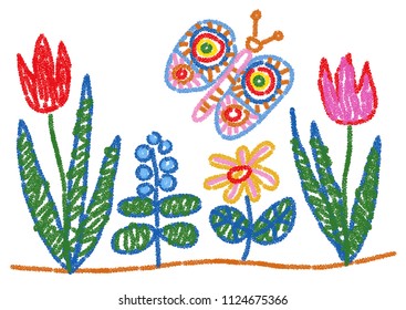 Child drawing styled flowers and butterfly. Wax crayon like vector graphic on separated, colorable white background. The elements can be rearranged independently of each other.
