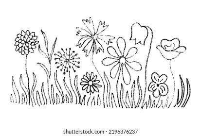 Child drawing styled flowers and butterfly. Wax crayon like vector graphic on separated, colorable white background. The elements can be rearranged independently of each other.