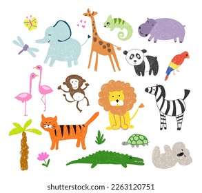 Child drawing. Vector illustration, african animals for kids, children clipart.