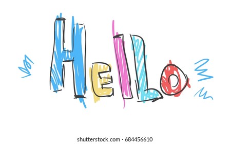 Child Drawing Vector Illustration. Hello Word on Isolated White Background.