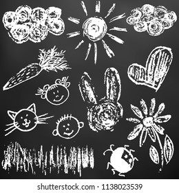 Child drawing with white chalk on a black board. Child drawing with chalk on a black board. Clouds, sun, hare, carrot, girl, boy, cat, flower, heart, grass ladybug