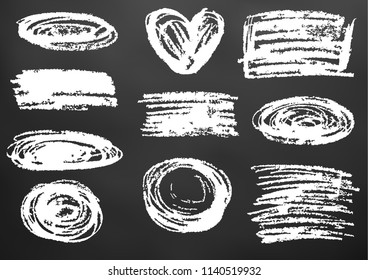 Child drawing with white chalk on a black board. Design elements of packaging, postcards, wraps, covers. Sweet children's creativity. Frames, backgrounds, square, rectangle, oval, circle, heart