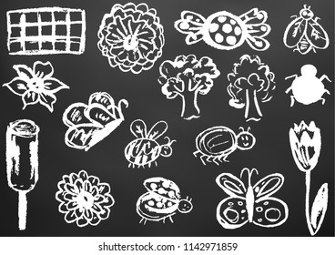 Child drawing with white chalk on a black board. Design elements of packaging, postcards, wraps, covers. Sweet children's creativity. Flower, butterfly, bug, spider, fly, ladybug, ice cream, tree