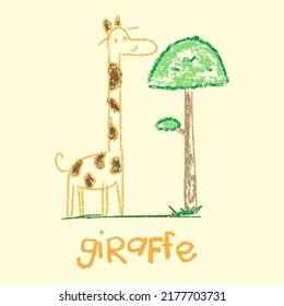 Child drawings with crayon, children crayon drawing and hand drawn animal giraffe pastel pencil doodle vector illustration