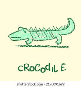 Child drawings with crayon, children crayon drawing and hand drawn animal crocodile pastel pencil doodle vector illustration