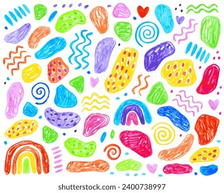 Child drawings with crayon. Doodle drawing by hand with colored pencils. Curly lines, squiggles and shapes. Bright color. Abstract colorful doodles. 