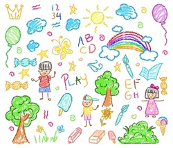 Child Drawings With Crayon. Kids Doodle Drawing, Children Crayon Drawing And Hand Drawn Kid Ice Cream, Balloon, Rainbow And Trees Pastel Pencil Doodle Vector Illustration