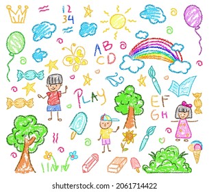 Child drawings and crayon  Kids doodle drawing  children crayon drawing   hand drawn kid ice cream  balloon  rainbow   trees pastel pencil doodle vector illustration