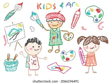 Child drawings with crayon. Kids doodle drawing, children crayon drawing and hand drawn kid pastel pencil doodle vector illustration