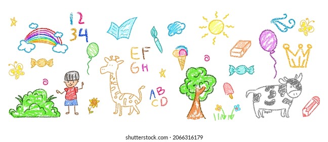 Child drawings and crayon  Kids doodle drawing  children crayon drawing   hand drawn kid ice cream  balloon  rainbow   trees pastel pencil doodle vector illustration