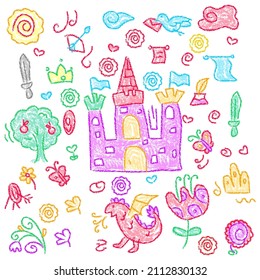 Child drawings with crayon. Kids doodle drawing, children crayon drawing and hand drawn kid castle, sun,  dragon and tree pastel pencil doodle vector illustration