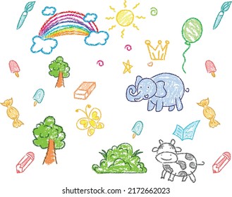 Child drawings and crayon  Kids doodle drawing  children crayon drawing   hand drawn kid ice cream  balloon  rainbow  animal   trees pastel pencil doodle vector illustration