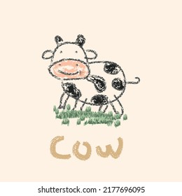 Child drawings with crayon. Kids doodle drawing, children crayon drawing and hand drawn animal cow pastel pencil doodle vector illustration