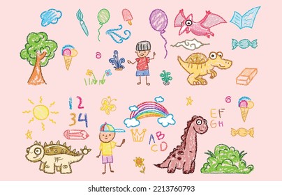Child drawings and crayon  Kids doodle drawing  children crayon drawing   hand drawn kid dino's  ice cream  balloon  rainbow   trees pastel pencil doodle vector illustration