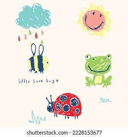 Child drawings with crayon. Kids doodle drawing, children crayon drawing and hand drawn kid sky, sun, cloud, bee, frog and insect pastel pencil doodle vector illustration
