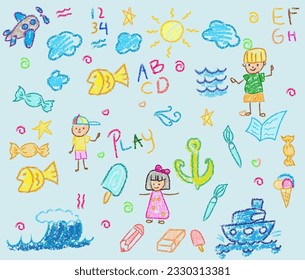 Child drawings with crayon. Kids doodle drawing, children crayon drawing and hand drawn kid ice cream, fish , boat, Large ships and osean pastel pencil doodle vector illustration