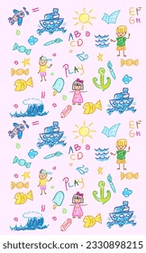 Child drawings with crayon. Kids doodle drawing, children crayon drawing and hand drawn kid ice cream, fish , boat, Large ships and ocean pastel pencil doodle vector illustration