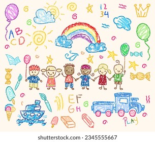 Child drawings with crayon. Kids doodle drawing, children crayon drawing and hand drawn kid ice cream, balloon, rainbow and trees pastel pencil doodle vector illustration