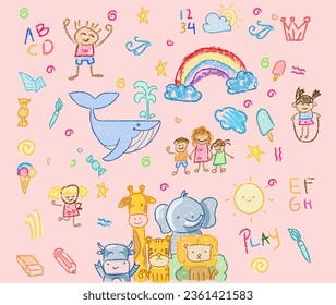 Child drawings with crayon. Kids doodle drawing, children crayon drawing and hand drawn whale and animal colorfull illustration pastel pencil doodle vector illustration