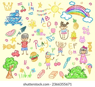 Child drawings with crayon. Kids doodle drawing, children crayon drawing and hand drawn whale and animal colorfull illustration pastel pencil doodle vector illustration