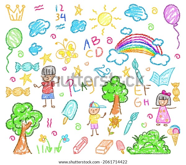 Child drawings with\
crayon. Kids doodle drawing, children crayon drawing and hand drawn\
kid ice cream, balloon, rainbow and trees pastel pencil doodle\
vector illustration