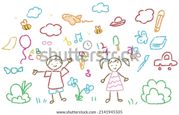 Child drawings with crayon.\
Kids doodle drawing, children crayon drawing and hand drawn kid ice\
cream, balloon and trees pastel pencil doodle vector\
illustration