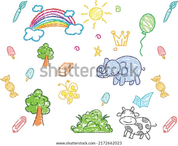 Child drawings\
with crayon. Kids doodle drawing, children crayon drawing and hand\
drawn kid ice cream, balloon, rainbow, animal and trees pastel\
pencil doodle vector\
illustration