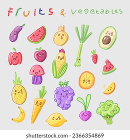 Los niños dibujan frutas y verduras con crayón. Dibujo de garrapatas para niños y dibujos de ballenas dibujados a mano ilustraciones coloreadas con lápiz pastel ilustraciones vectoriales