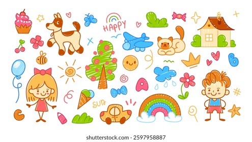 Child drawings. Hand drawn cute kids illustrations. Funny crayon picture with sun and house. Pastel doodle colorful drawing objects, trees, people. Vector set.