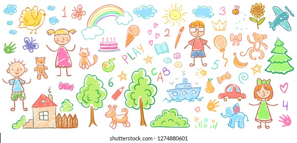 Child drawings. Kids doodle paintings, children crayon drawing and hand drawn kid elephant, house and trees pastel pencil doodle vector illustration