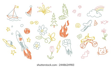 Child drawings. Kids doodle paintings, children crayon drawing and hand drawn doodle vector illustration